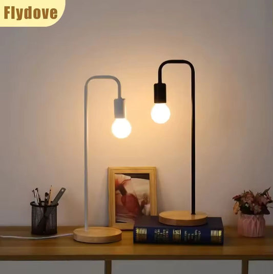 Nordic Retro Wooden LED Desk Lamp E27 Creative Simple Black and White Iron Bedroom Bedside Lamp Decoration Reading Light
