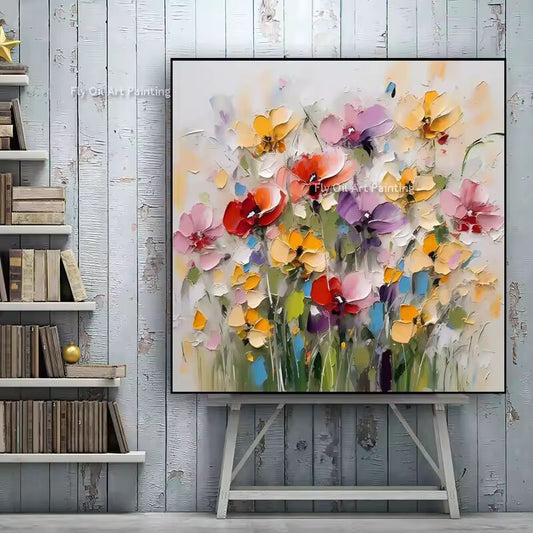 Handmade Knife Colorful Flower Oil Painting on Canvas Modern Art Picture Room Home Decoration Textured Floral Poster